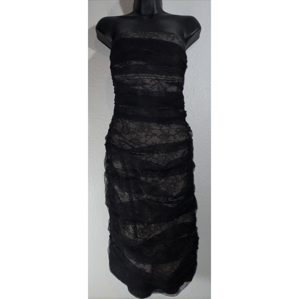 BCBGMaxazria Dress Size Small Black‎ Nude Lace Ruched Bodycon Y2K Cocktail Club